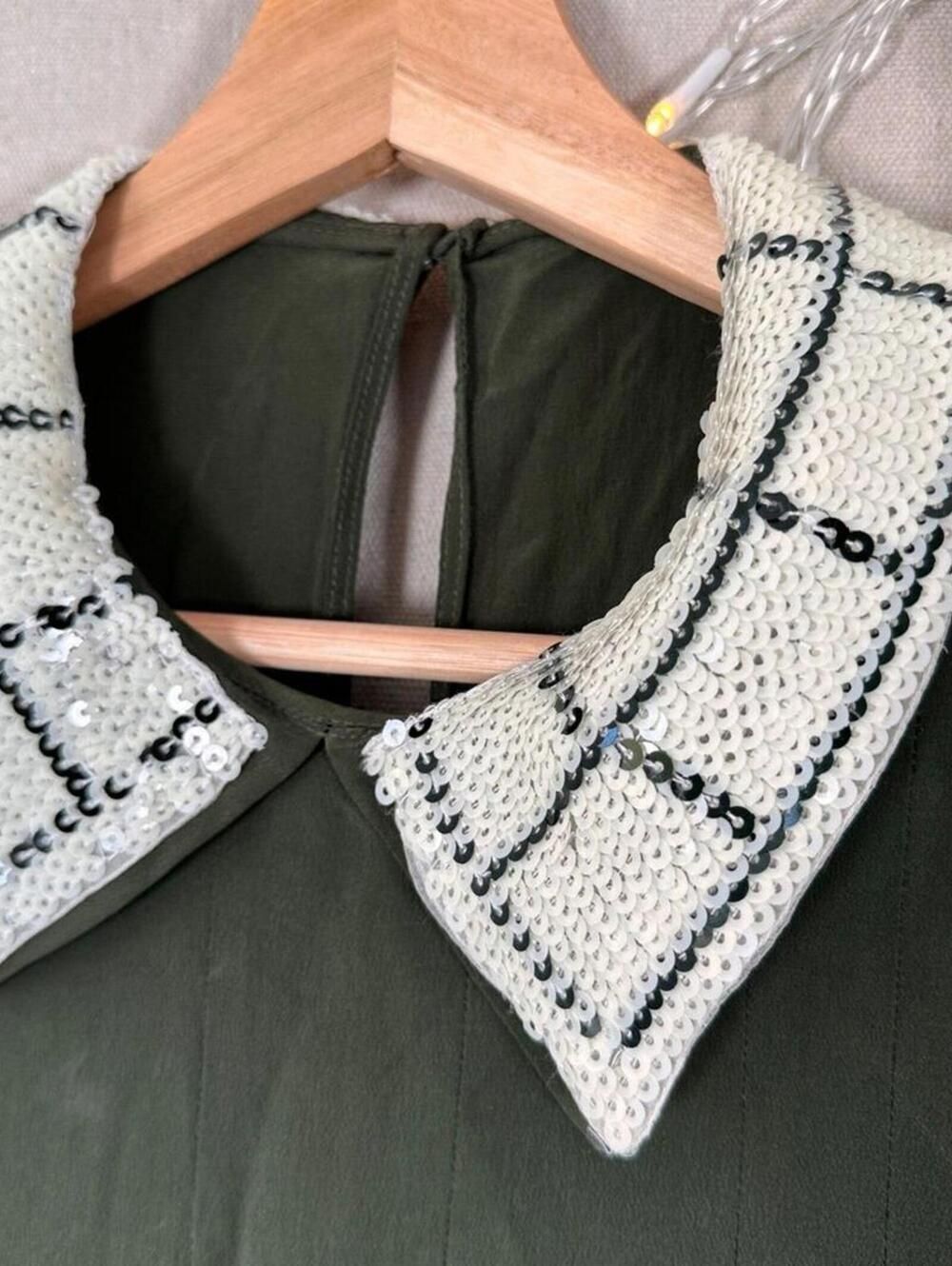 Silk Olive Shift Mini w/ Check Peter Pan Collar & Cuffs | English Ivy–Inspired - Picture 6 of 16